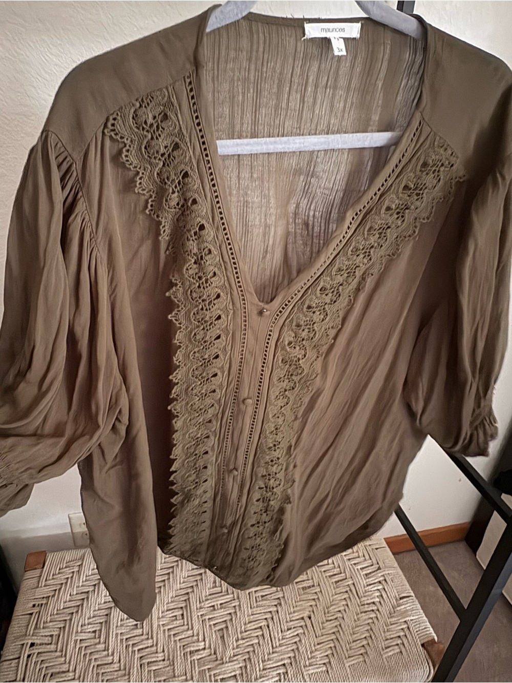 Maurices Olive Crochet-Trim V-Neck Blouse